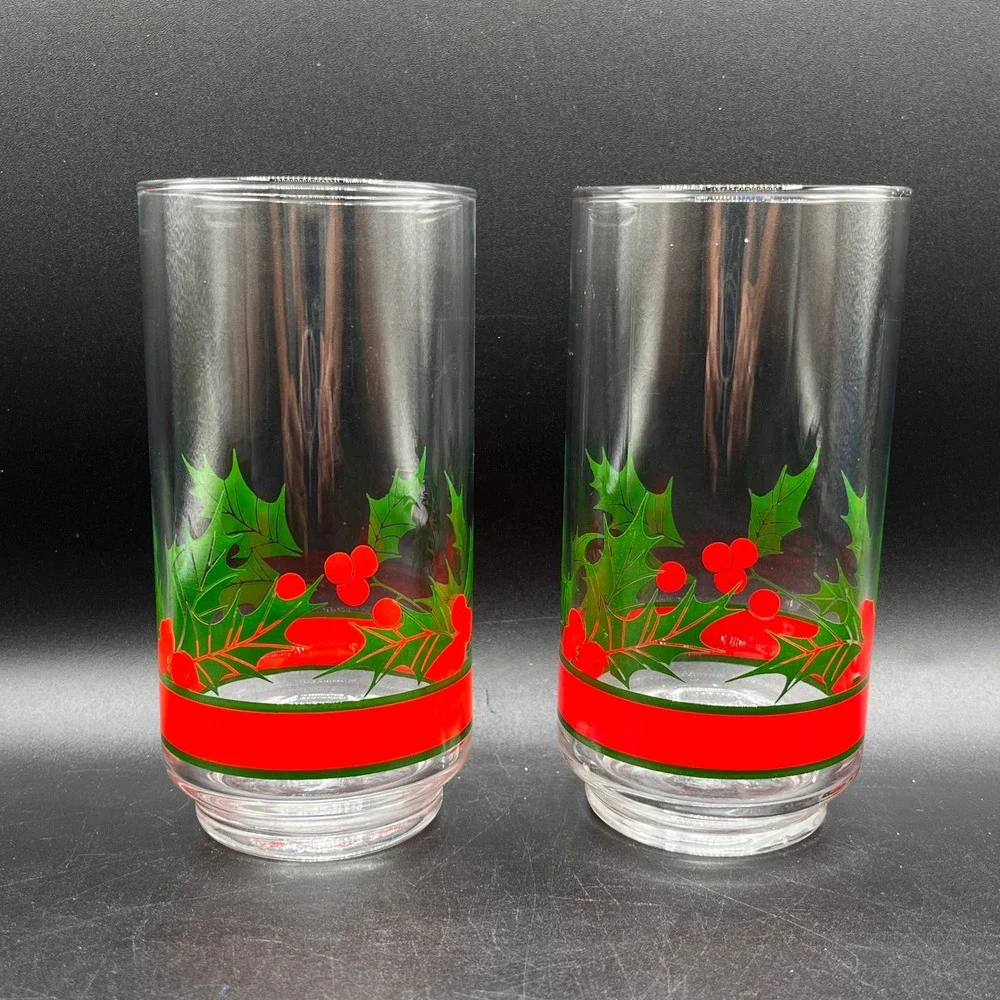 Vtg Libbey Christmas Holly Berries Highball Glasses Ice Tea Set of 2 14 oz